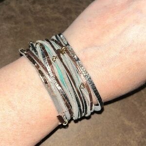 Brown, copper and teal leather wrap bracelet
